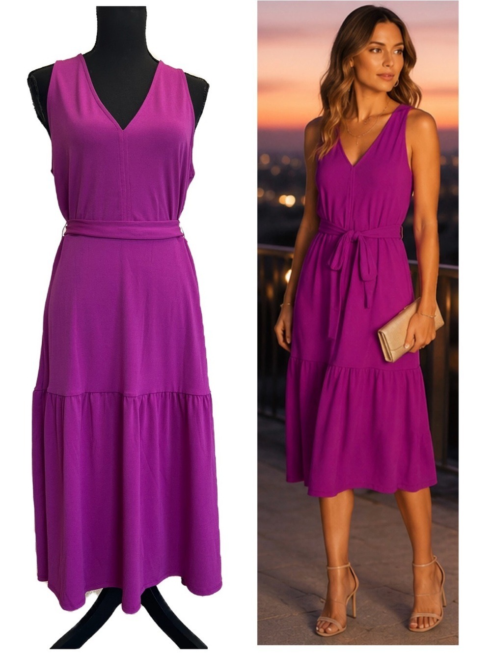 Banana Republic Petite Magenta Purple Sleeveless Midi Dress Tie Waist Sz M NWOT